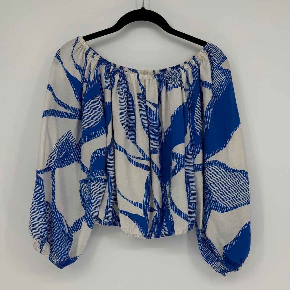 Nine West Womens Blue White Abstract Off The Shoulder Balloon Sleeve Blouse M